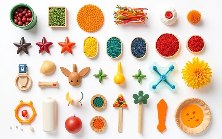 Image showcasing the contents of the Little Explorers Sensory Kit including various textures and colours